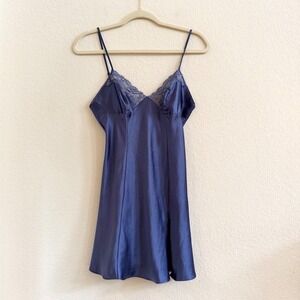 Victorias Secret Blue Satin Lace Trim Mini Slip Dress Nightie XS Side Slit